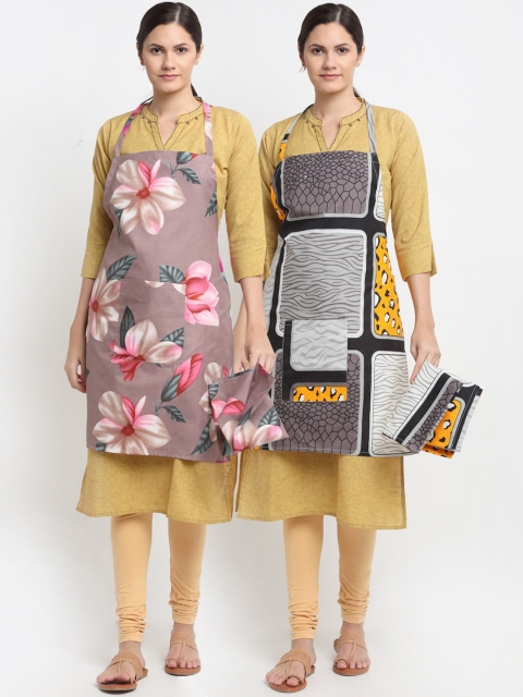 

NEUDIS Pack Of 2 Grey Printed 210TC Apron With Front Centre Pocket & Napkin