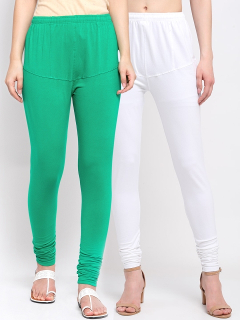 

KLOTTHE Women Pack of 2 Solid Cotton Churidar-Length Leggings, Sea green