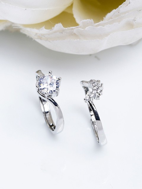 

Shining Diva Fashion Set Of 2 Platinum-Plated Silver-Toned White CZ-Studded Adjustable Finger Ring