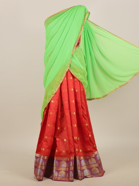 

Pothys Green & Red Woven Design Zari Half and Half Saree