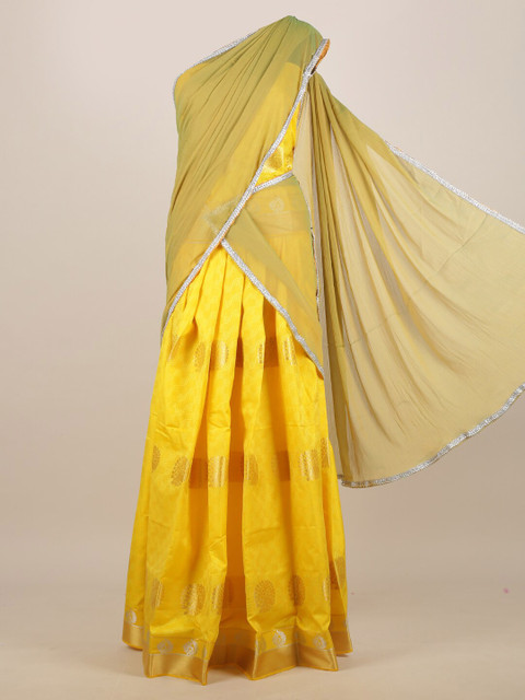 

Pothys Green & Yellow Ethnic Motifs Zari Half and Half Saree