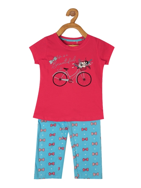 

Sweet Dreams Girls Red & Turquoise Blue Printed Night Suit
