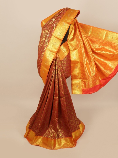 

Pothys Maroon & Gold Ethnic Motifs Zari Woven Design & Stone Work Detail Silk Blend Saree