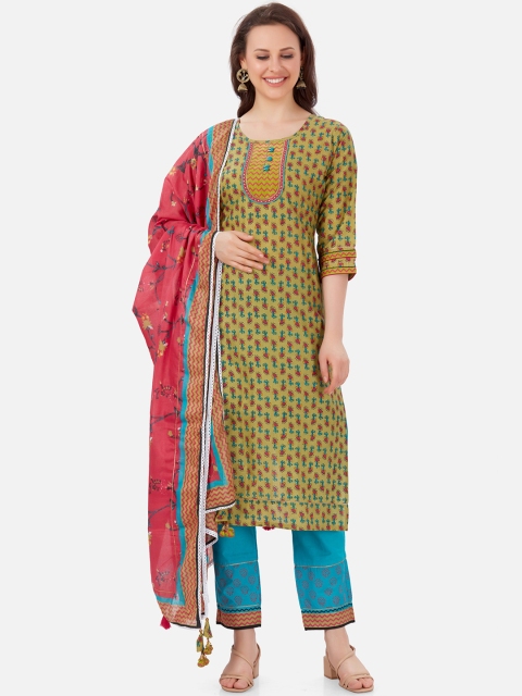 Kiana Women Green & Blue Floral Printed Pure Cotton Kurta With Trousers & Dupatta