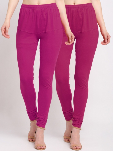 

KLOTTHE Women Pack Of 2 Magenta Pink Solid Cotton Churidar-Length Leggings