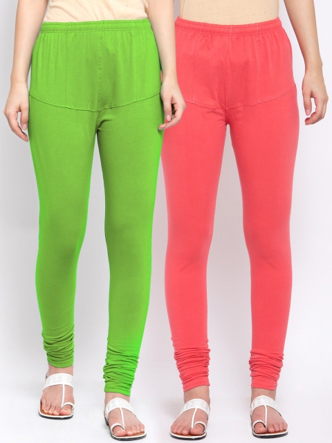 

KLOTTHE Women Pack Of 2 Solid Cotton Churidar-Length Leggings, Green