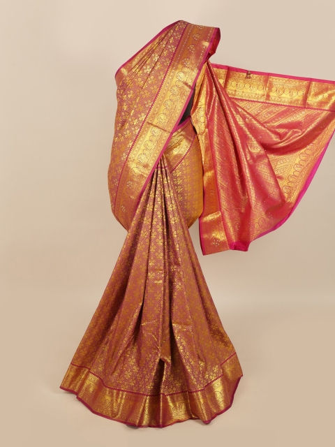 

Pothys Golden & Pink Ethnic Motifs Zari & Stone Work Detail Saree, Gold