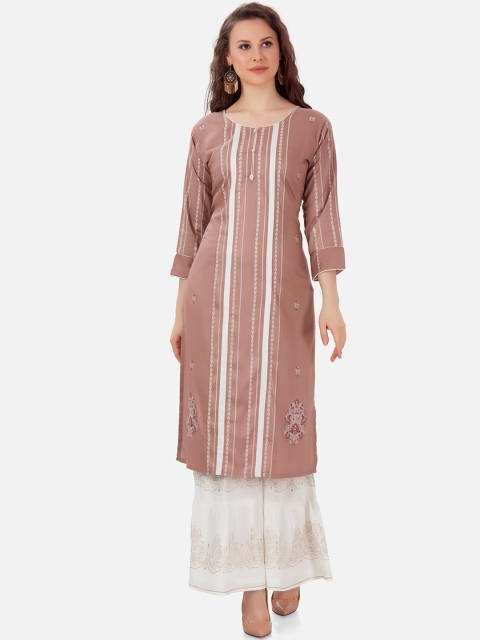 

Kiana Women Taupe & White Printed Kurta with Sharara