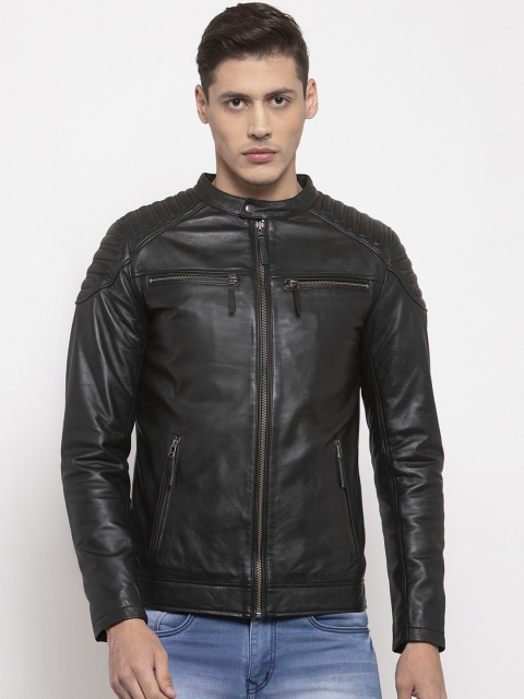 

WELBAWT Men Black Solid Lightweight Leather Jacket