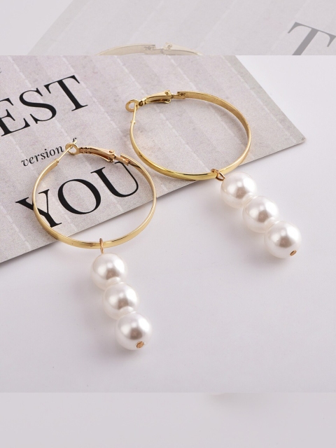 

YoungWildFree Women Gold-Toned & Pearls Drop Classic Hoop Earrings