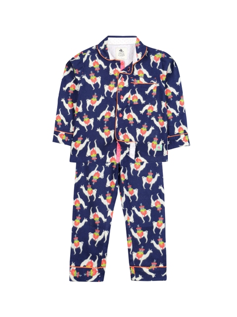 

Cherry Crumble Unisex Kids Navy Blue & White Printed Night suit