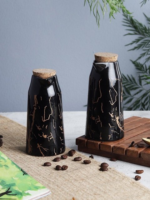

The Decor Mart Set Of 2 Black & Gold-Toned Printed Ceramic Glossy Bottles With Cork