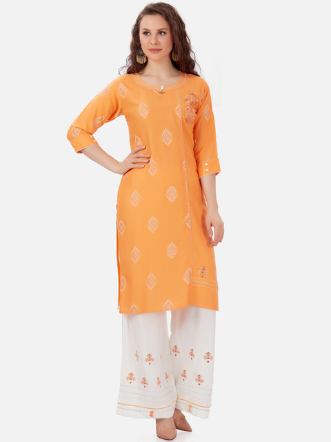

Kiana Women Orange & White Printed Kurta with Palazzos