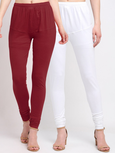 

KLOTTHE Women Pack of 2 Solid Cotton Churidar-Length Leggings, Maroon
