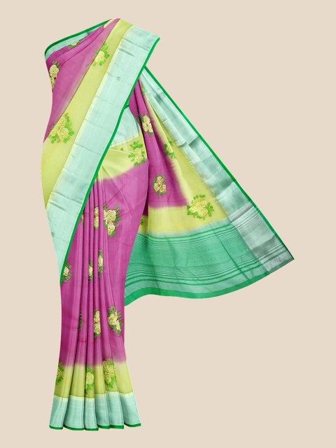 

Kalamandir Pink & Yellow Floral Banarasi Saree