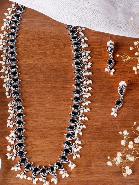

TEEJH Oxidised Silver-Plated Black Artificial Stones-Studded Aanya Jewellery Set
