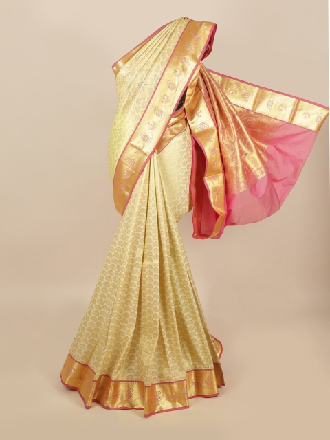 

Pothys Cream-Coloured & Gold Ethnic Motifs Zari Woven & Stone Work Detail Silk Blend Saree