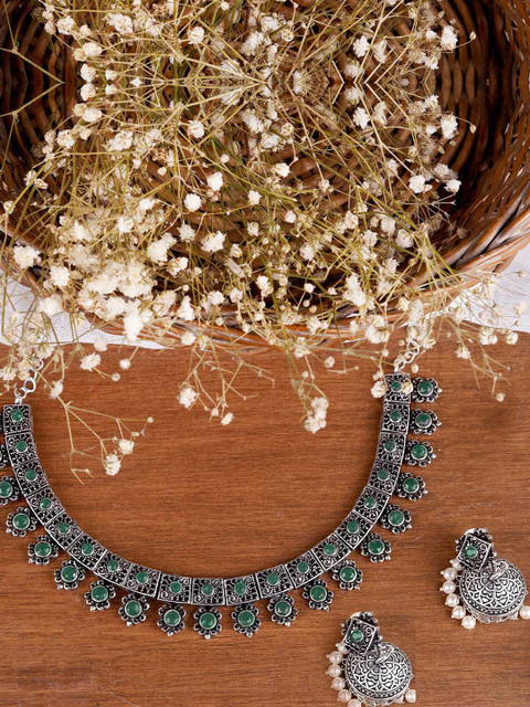 

TEEJH Oxidised Silver-Plated White & Green Stone-Studded & Beaded Jewellery Set