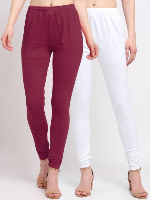 

KLOTTHE Women Pack Of 2 Maroon & White Solid Cotton Churidar-Length Leggings