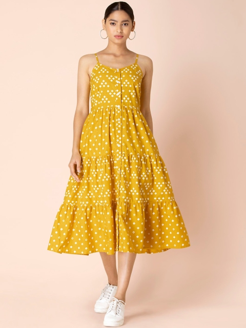 

Earthen BY INDYA Mustard Bandhani Strappy Button Down Dress, Yellow