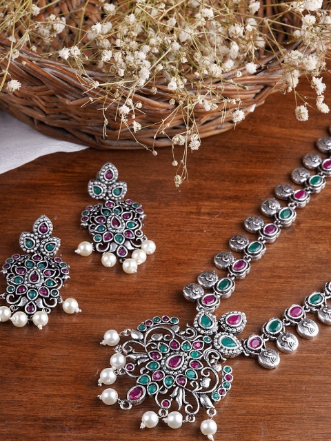 

TEEJH Oxidised Silver-Plated & Pink Stone-Studded & Beaded Jewellery Set
