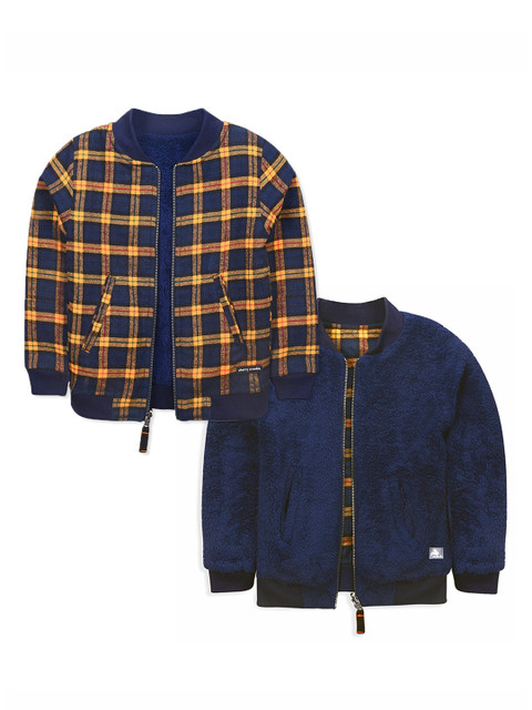 

Cherry Crumble Kids Navy Blue Checked Reversible Bomber Jacket