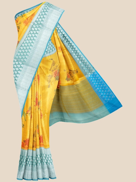 

KLM Fashion Mall Yellow & Blue Floral Zari Silk Blend Saree