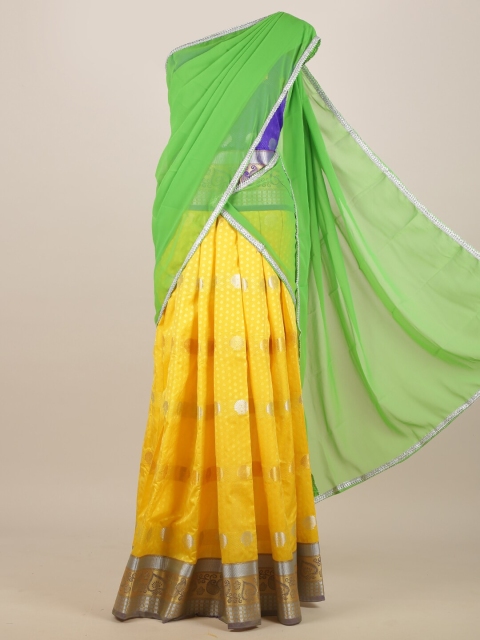 Pothys Green & Yellow Ethnic Motifs Zari Half Saree