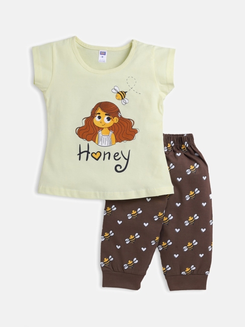 

Nottie Planet Girls Yellow & Brown Printed Night suit