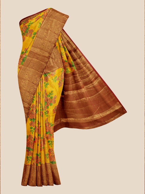 

Kalamandir Mustard & Green Floral Zari Silk Blend Banarasi Saree