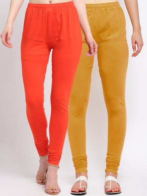 

KLOTTHE Women Pack Of 2 Solid Cotton Churidar-Length Leggings, Mustard