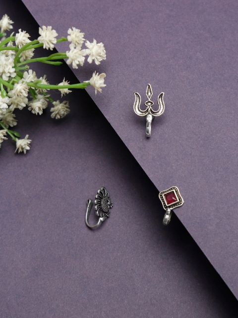 

NEUDIS Set Of 3 Oxidised Silver-Plated Red Stone-Studded Nosepins