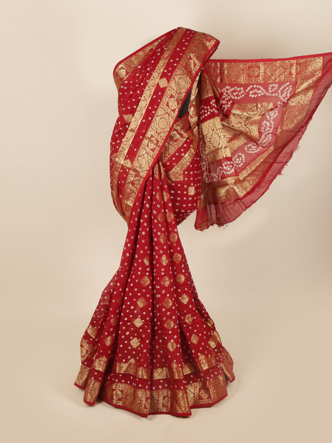 

Pothys Maroon & Gold-Toned Bandhani Zari Art Silk Saree