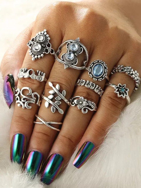 

Shining Diva Fashion Set Of 11 Oxidised Silver-Plated Crystal-Studded Midi Finger Rings