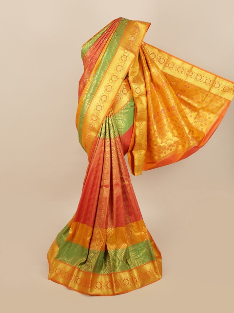 Pothys Orange & Golden Ethnic Motifs Zari & Stone Work Detail Saree