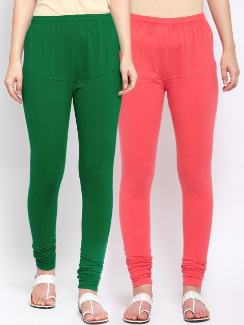 

KLOTTHE Women Pack of 2 Solid Cotton Churidar-Length Leggings, Green