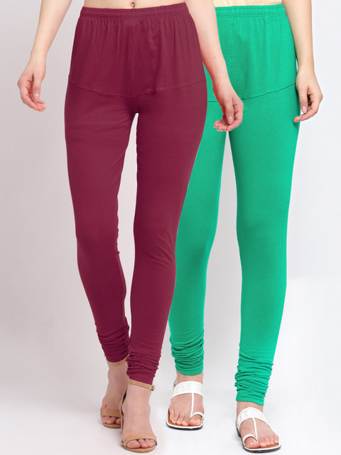 

KLOTTHE Women Pack Of 2 Sea Green & Maroon olid Churidar-Length Cotton Leggings