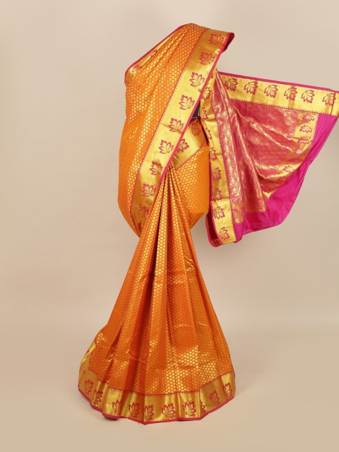 

Pothys Orange & Golden Ethnic Motifs Zari & Stone Work Detail Saree