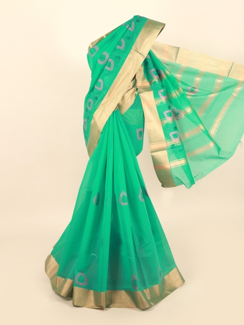 

Pothys Green & Gold-Toned Ethnic Motifs Embroidered Silk Cotton Saree
