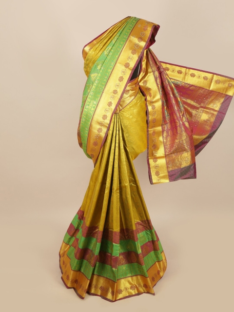 Pothys Green & Yellow Ethnic Motifs Zari Woven Design & Stone Work Detail Silk Blend Saree