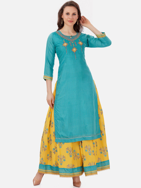 

Kiana Women Turquoise Blue Ethnic Motifs Printed Chanderi Silk Kurta with Skirt