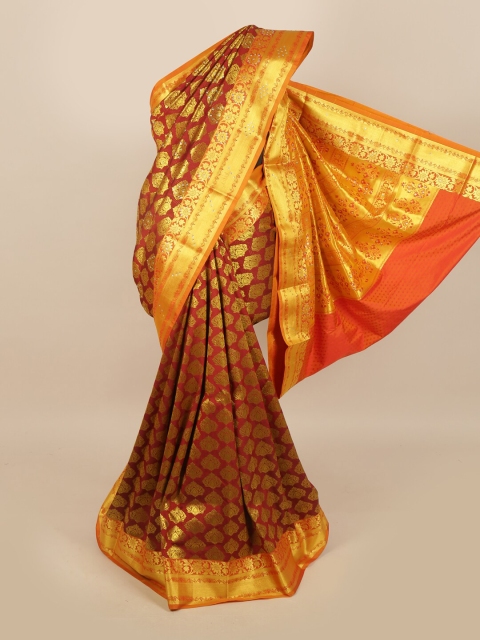 

Pothys Maroon & Gold Ethnic Motifs Zari Woven Design & Stone Work Detail Silk Blend Saree