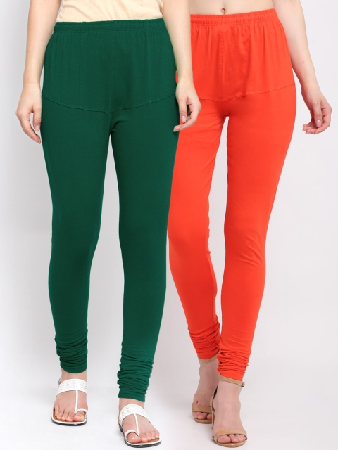 

KLOTTHE Women Pack Of 2 Solid Cotton Churidar-Length Leggings, Green