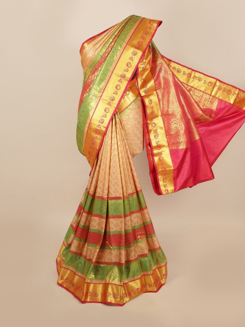 

Pothys Cream-Coloured & Golden Ethnic Motifs Woven Design Saree