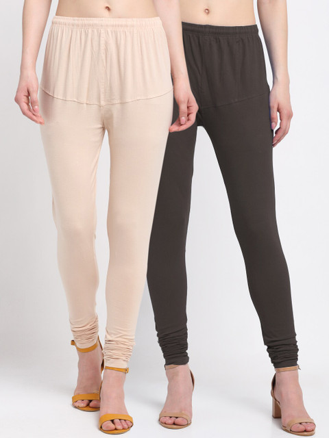 

KLOTTHE Women Pack of 2 Solid Cotton Churidar-Length Leggings, Brown