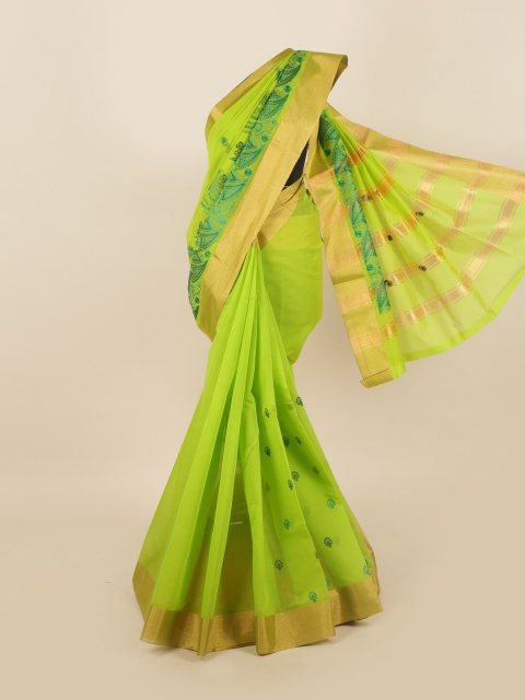 

Pothys Lime Green & Gold-Toned Ethnic Motifs Embroidered Silk Cotton Saree