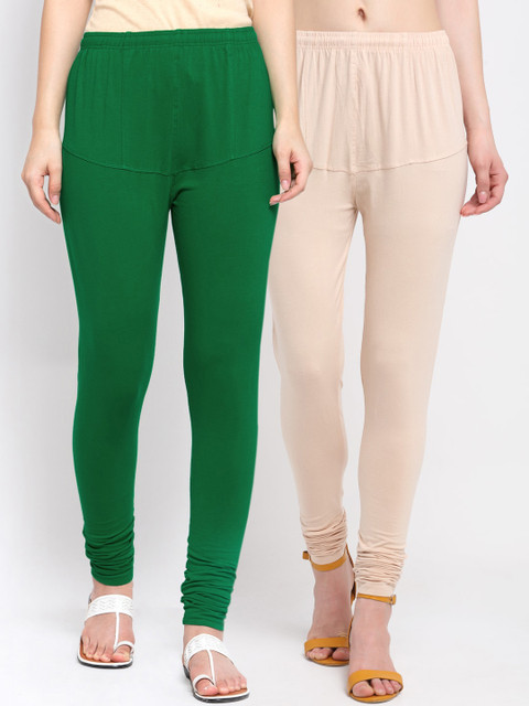 

KLOTTHE Women Pack Of 2 Solid Churidar-Length Cotton Leggings, Green