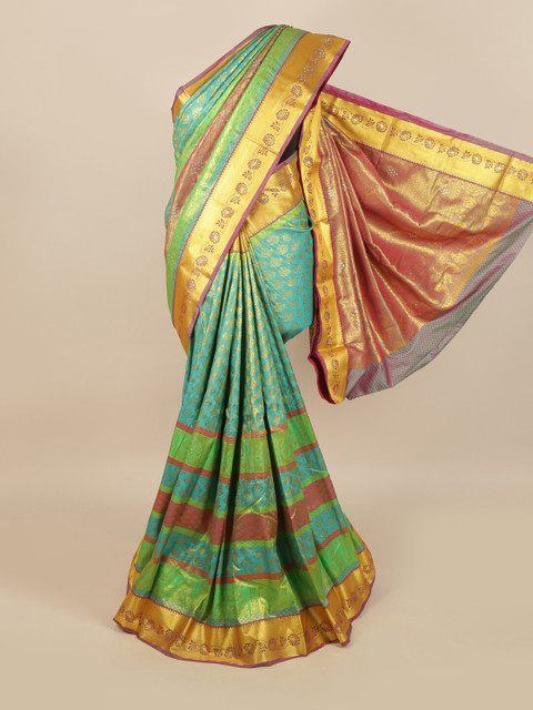 

Pothys Blue & Golden Ethnic Motifs Zari & Stone Work Detail Saree