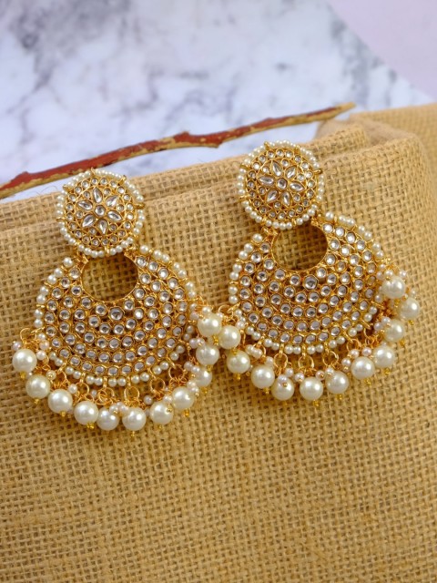 

Crunchy Fashion Women Gold-Toned & White Contemporary Pearl Drops Chandbalis Earrings