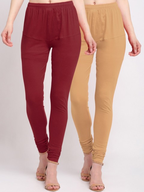 

KLOTTHE Women Pack Of 2 Solid Churidar-Length Cotton Leggings, Maroon